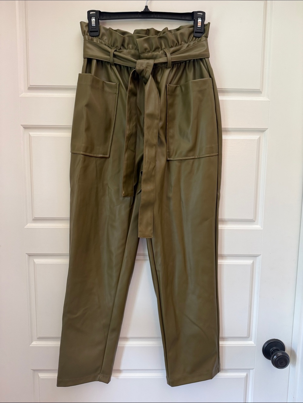 Who What Wear Olive Faux-Leather Paperbag Waist Trousers with Tie